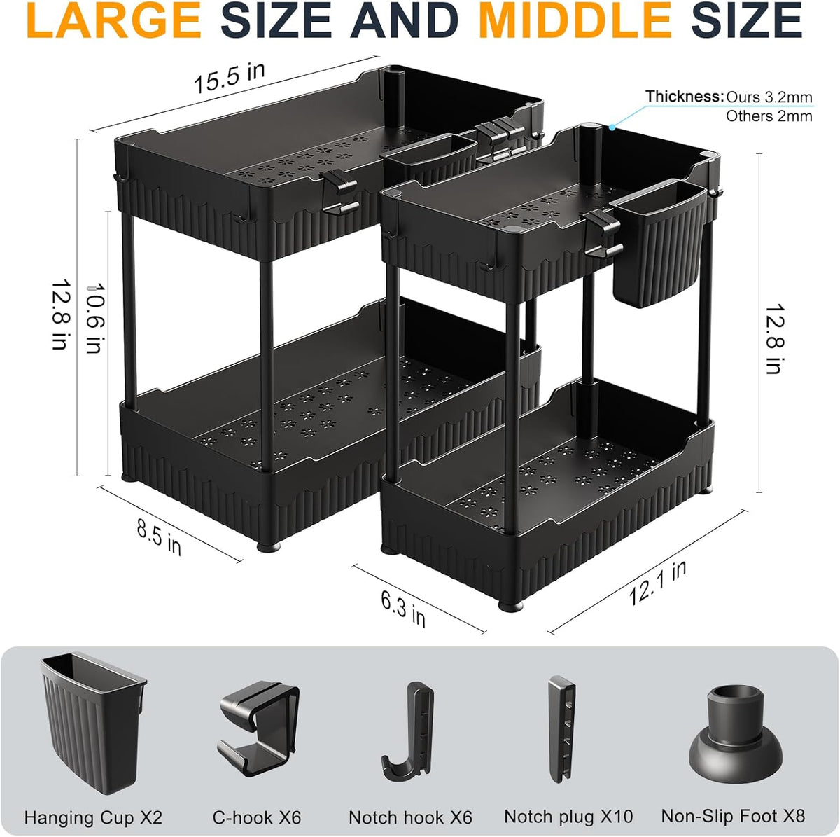Under-Sink Organizer Set with Hooks and Hanging Cups for Kitchen - 2-Pack