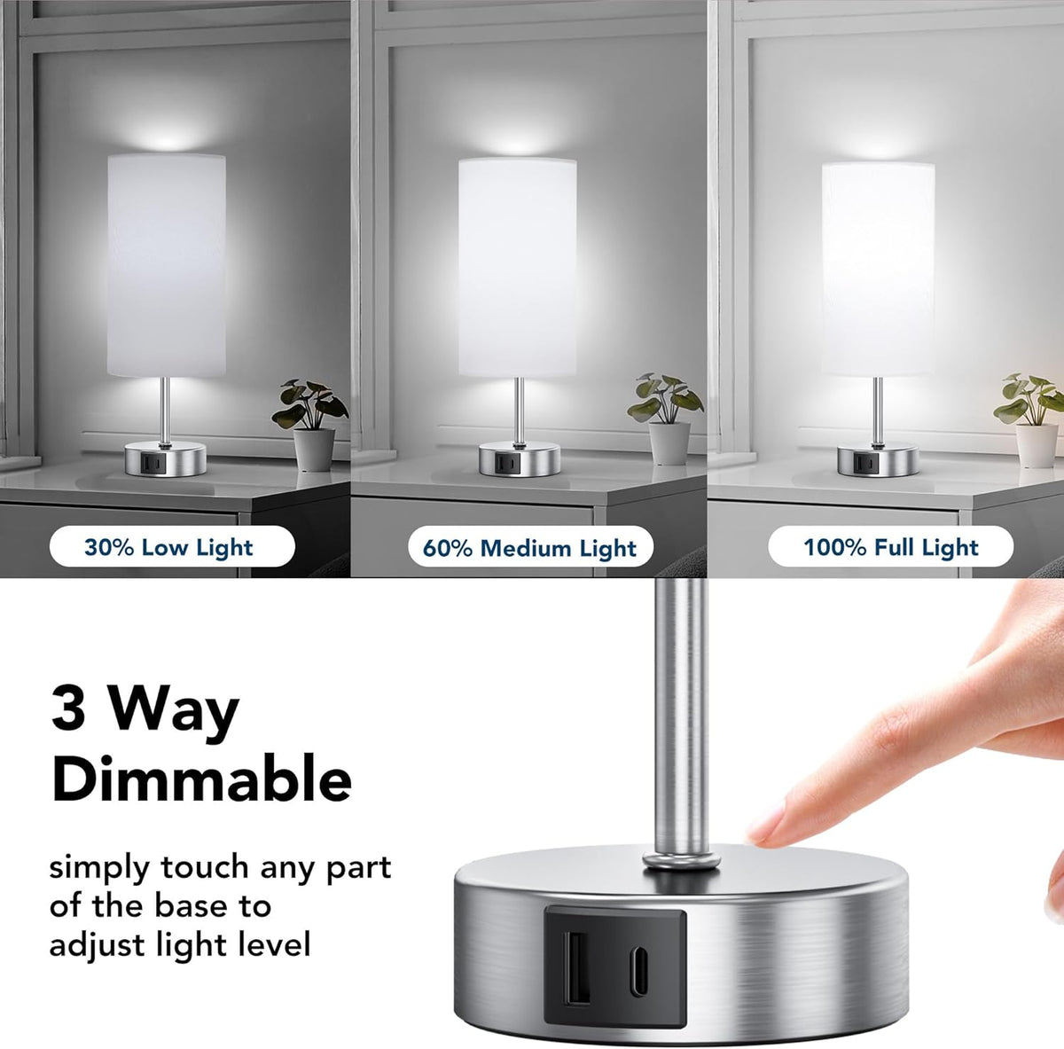 12.8-Inch Touch Control Table Lamp, 3-Way Dimmable Bedside Nightstand Lamp with Dual USB Ports and 6500K Daylight LED Bulb for Bedroom and Living Room