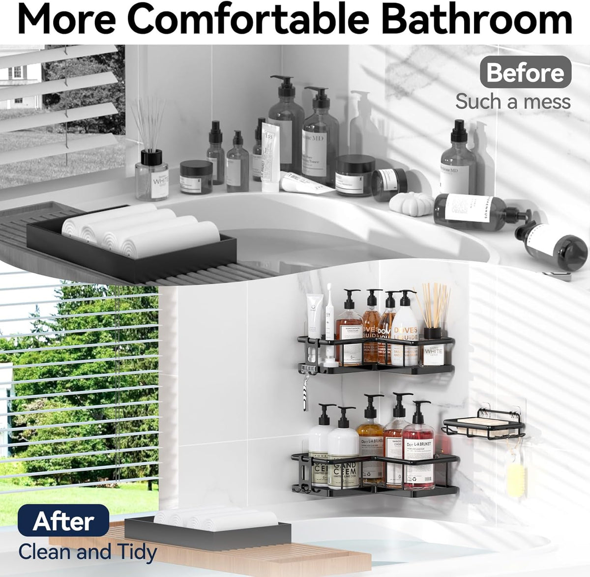 Corner Shower Caddy Adhesive - 100% Rustproof Wall-Mounted Organizer with Soap Holder, No-Drill Installation for Bathroom Storage (3 Pack, Black)