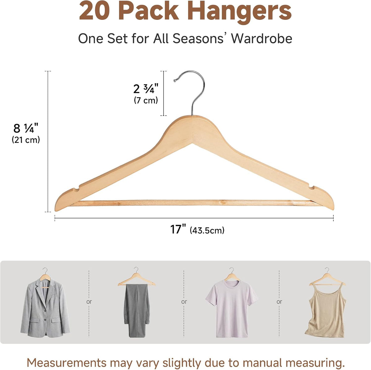 20-Pack Wooden Coat Hangers for Closet Organization