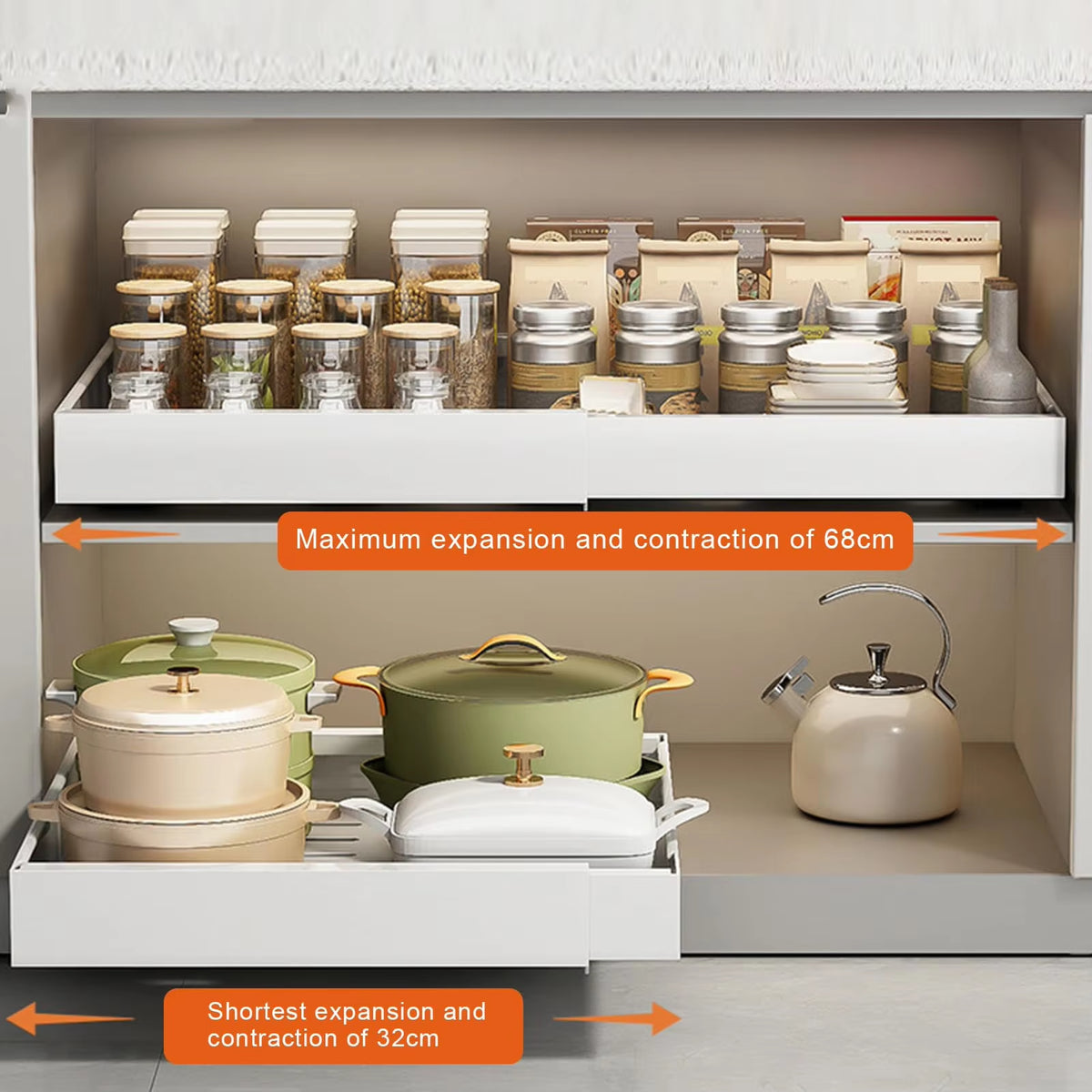 Adjustable Metal Slide-Out Cabinet Organizer with Expandable Drawers for Kitchen Storage