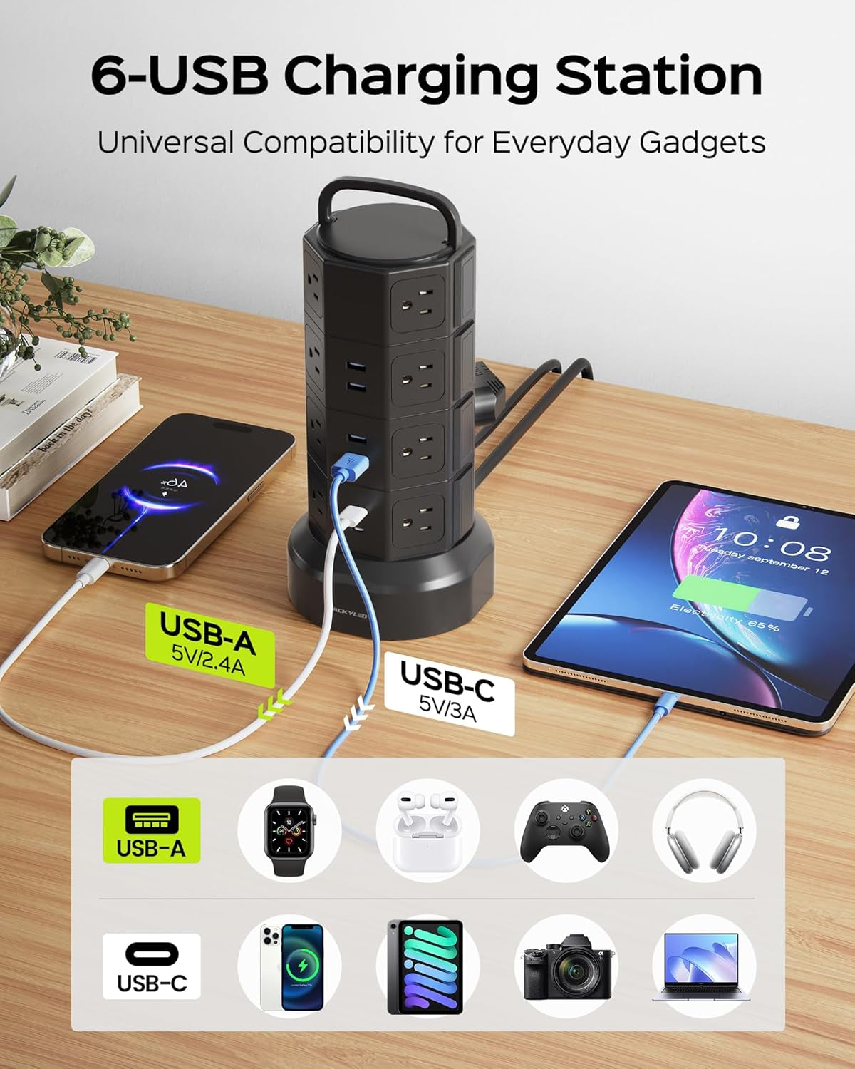 Power Strip Tower Surge Protector with 16 AC Outlets and 6 USB Ports (2 USB-C), 1050 Joules