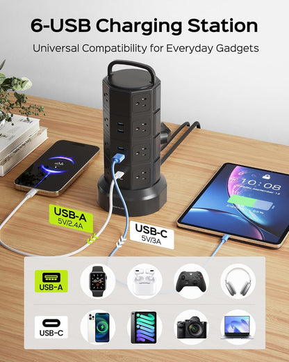 Power Strip Tower Surge Protector with 16 AC Outlets and 6 USB Ports (2 USB-C), 1050 Joules