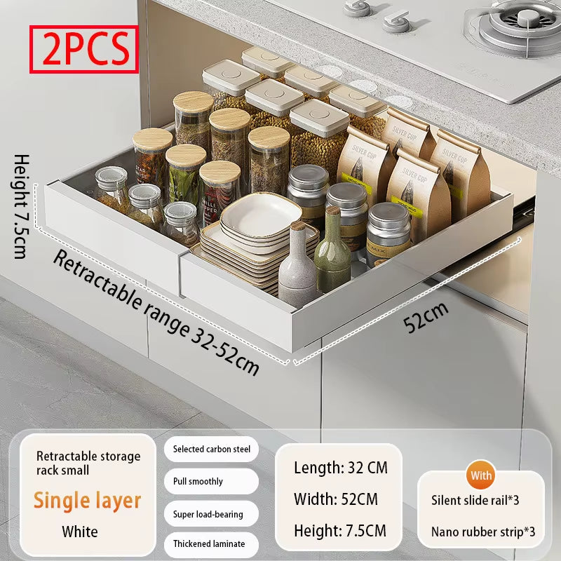 Adjustable Metal Slide-Out Cabinet Organizer with Expandable Drawers for Kitchen Storage