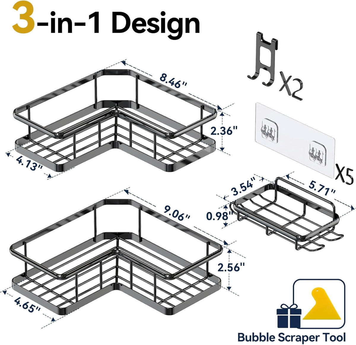 Corner Shower Caddy Adhesive - 100% Rustproof Wall-Mounted Organizer with Soap Holder, No-Drill Installation for Bathroom Storage (3 Pack, Black)