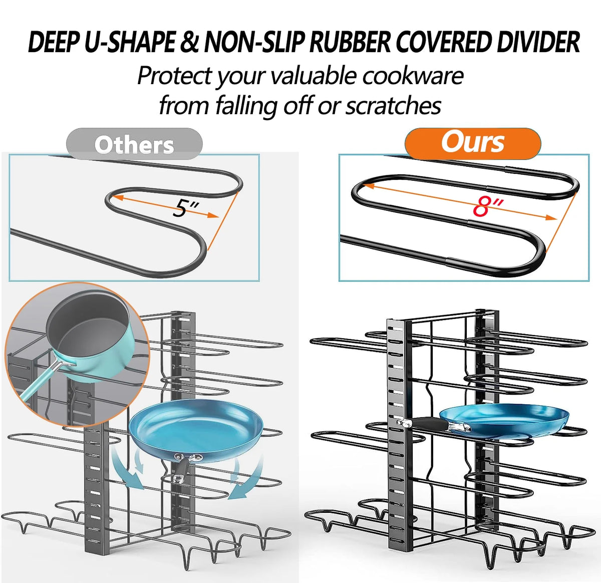 Adjustable 8-Tier Pots and Pans Organizer Rack with Anti-Slip Silicone Pads for Kitchen Cabinet Storage - Heavy Duty Metal Design with 3 DIY Methods