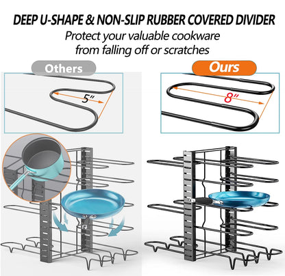 Adjustable 8-Tier Pots and Pans Organizer Rack with Anti-Slip Silicone Pads for Kitchen Cabinet Storage - Heavy Duty Metal Design with 3 DIY Methods