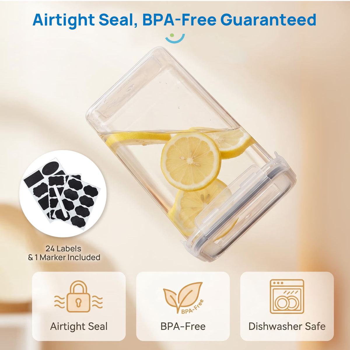 Airtight BPA-Free Plastic Food Storage Container Set, 7-Piece Kitchen and Pantry Organization Canisters in Black