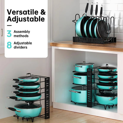 Adjustable 8-Tier Pots and Pans Organizer Rack with Anti-Slip Silicone Pads for Kitchen Cabinet Storage - Heavy Duty Metal Design with 3 DIY Methods