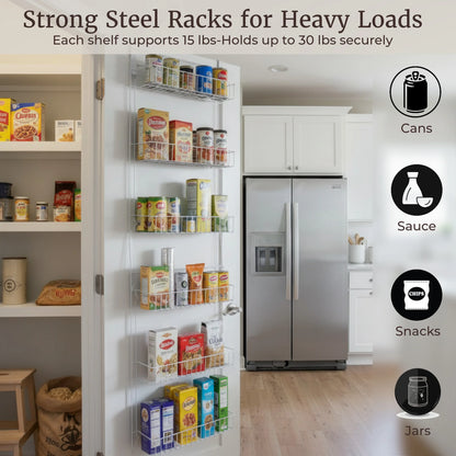 6-Tier Adjustable Over-the-Door Pantry Organizer - Powder-Coated Steel Hanging Shelving System for Kitchen Organization (White)
