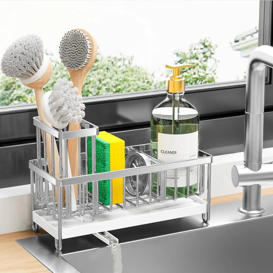 Cisily Premium Silver Sponge Holder for Kitchen Sink - Rustproof 304 Stainless Steel Caddy Organizer with High Brush Holder and Soap Dispenser Storage Solutions