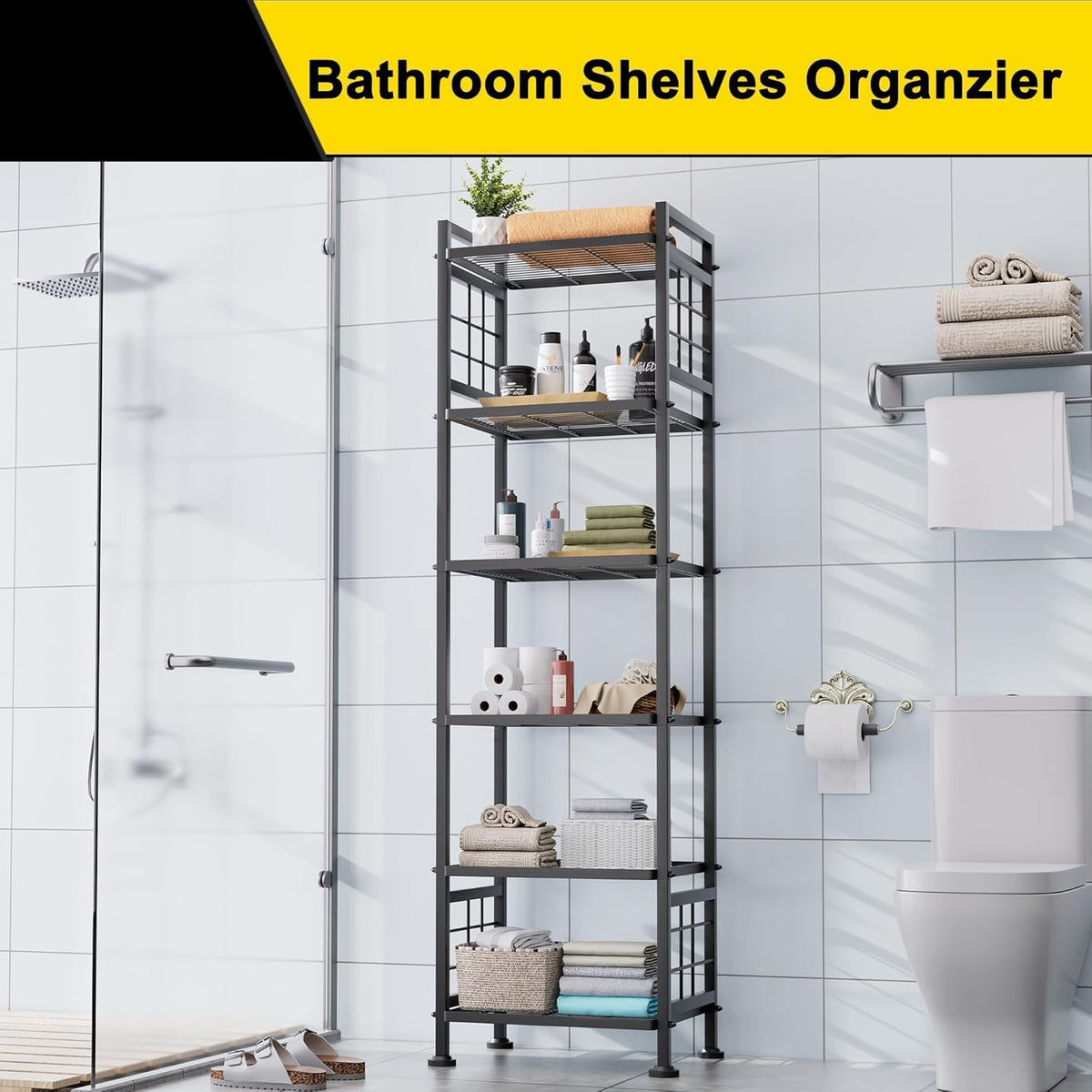 6-Wire Metal Storage Shelf for Bathroom and Laundry Organization, Versatile Pantry Rack for Kitchen and Bathroom, Black Finish