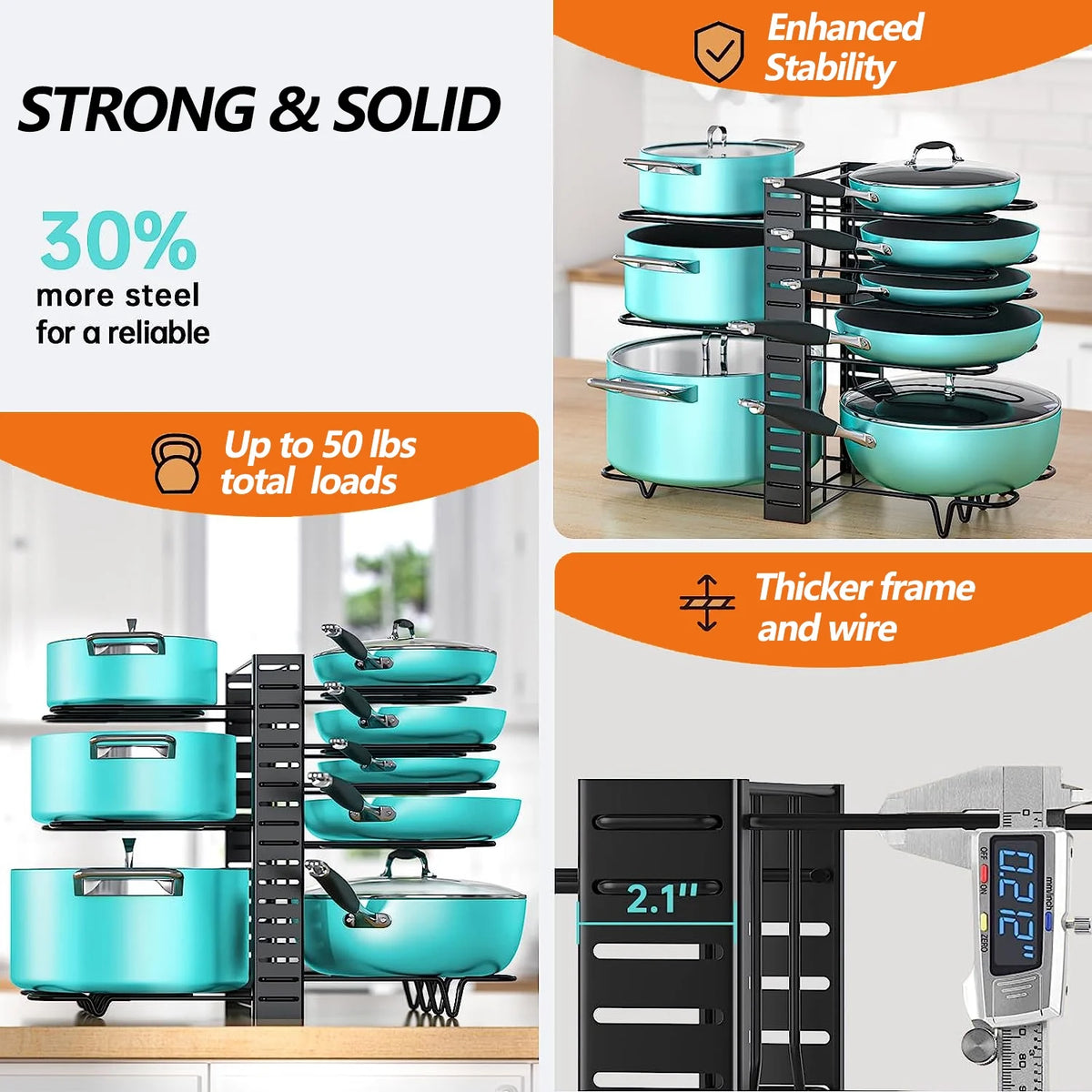 Adjustable 8-Tier Pots and Pans Organizer Rack with Anti-Slip Silicone Pads for Kitchen Cabinet Storage - Heavy Duty Metal Design with 3 DIY Methods
