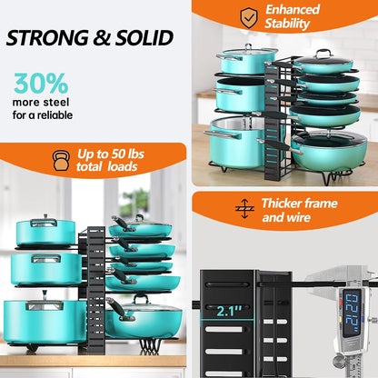 Adjustable 8-Tier Pots and Pans Organizer Rack with Anti-Slip Silicone Pads for Kitchen Cabinet Storage - Heavy Duty Metal Design with 3 DIY Methods