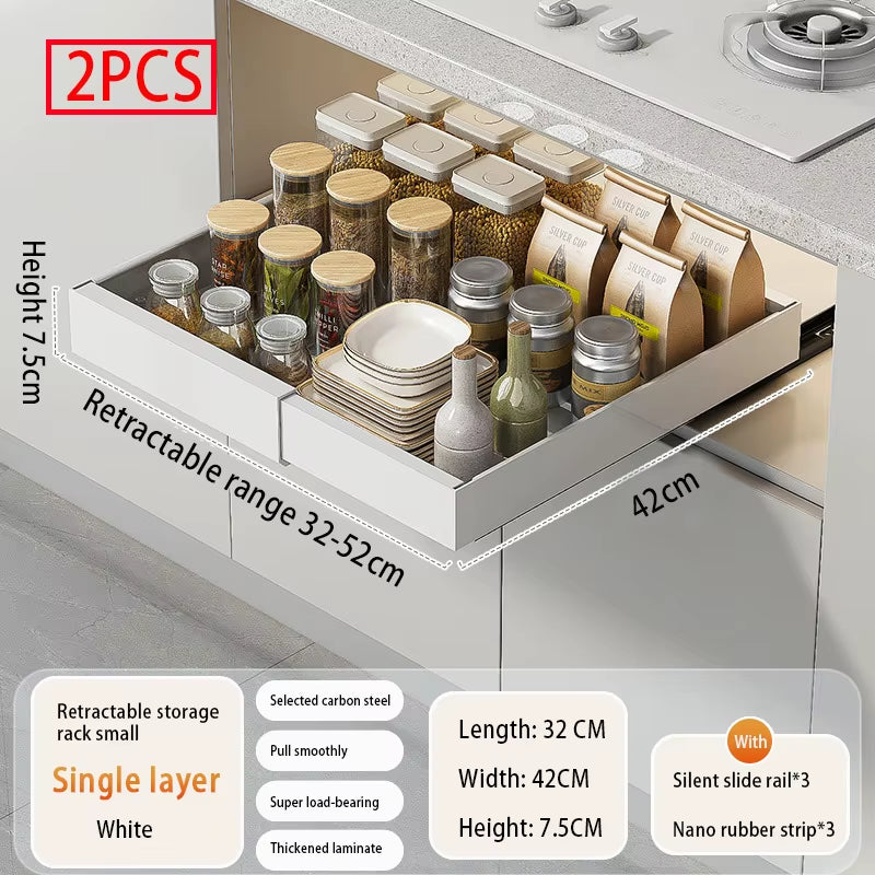 Adjustable Metal Slide-Out Cabinet Organizer with Expandable Drawers for Kitchen Storage