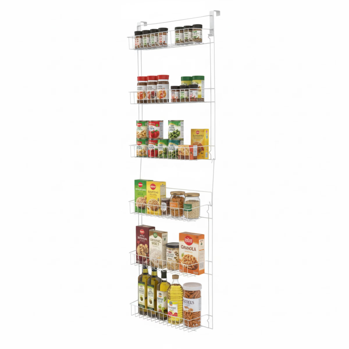 6-Tier Adjustable Over-the-Door Pantry Organizer - Powder-Coated Steel Hanging Shelving System for Kitchen Organization (White)