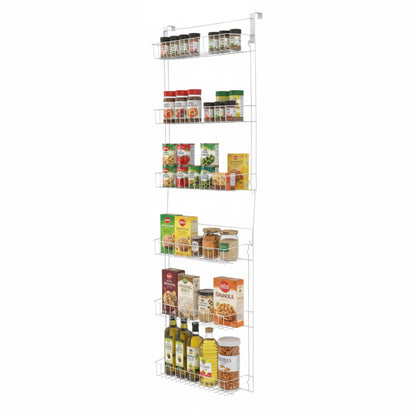 6-Tier Adjustable Over-the-Door Pantry Organizer - Powder-Coated Steel Hanging Shelving System for Kitchen Organization (White)