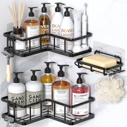 Corner Shower Caddy Adhesive - 100% Rustproof Wall-Mounted Organizer with Soap Holder, No-Drill Installation for Bathroom Storage (3 Pack, Black)