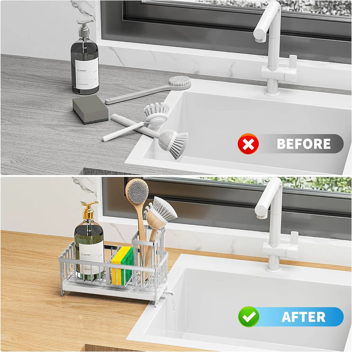 Cisily Premium Silver Sponge Holder for Kitchen Sink - Rustproof 304 Stainless Steel Caddy Organizer with High Brush Holder and Soap Dispenser Storage Solutions