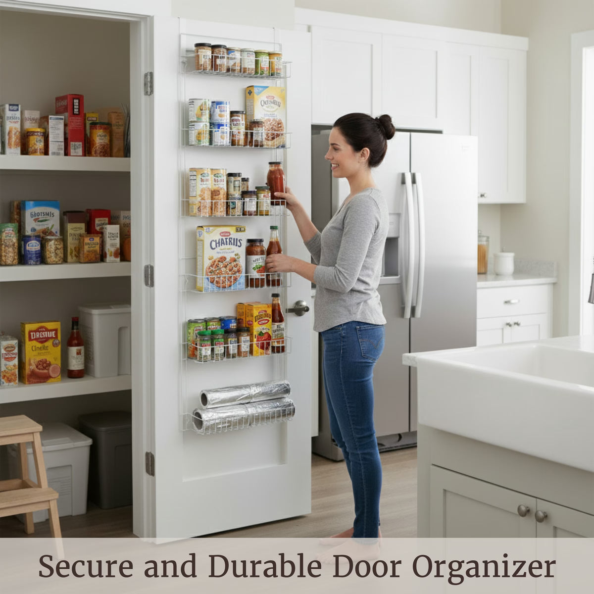 6-Tier Adjustable Over-the-Door Pantry Organizer - Powder-Coated Steel Hanging Shelving System for Kitchen Organization (White)