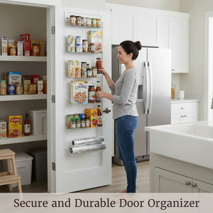 6-Tier Adjustable Over-the-Door Pantry Organizer - Powder-Coated Steel Hanging Shelving System for Kitchen Organization (White)