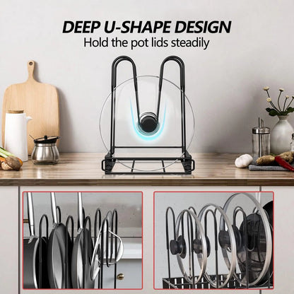 Adjustable 8-Tier Pots and Pans Organizer Rack with Anti-Slip Silicone Pads for Kitchen Cabinet Storage - Heavy Duty Metal Design with 3 DIY Methods