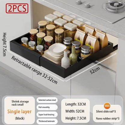 Adjustable Metal Slide-Out Cabinet Organizer with Expandable Drawers for Kitchen Storage